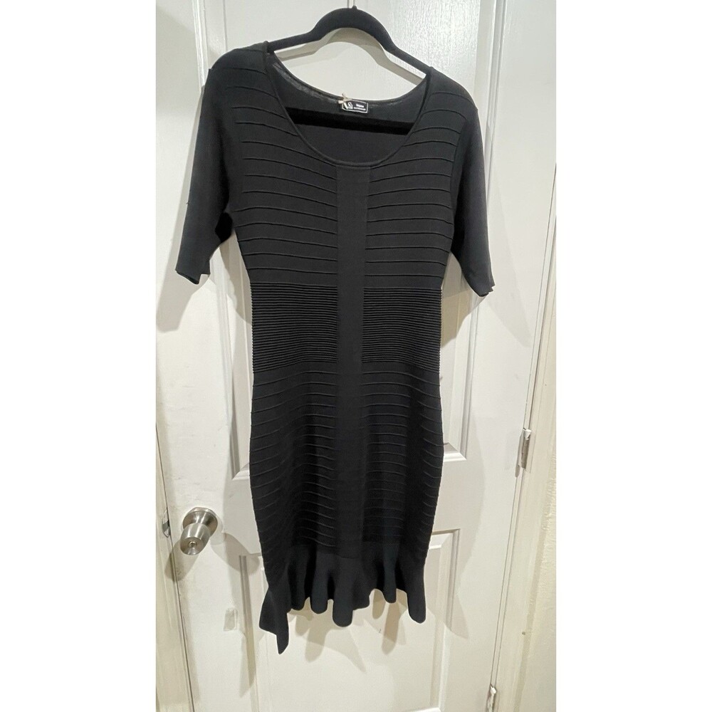 Sinequanone Paris Black Ribbed Knit Midi Dress Ruffle Hem Stretch Size M